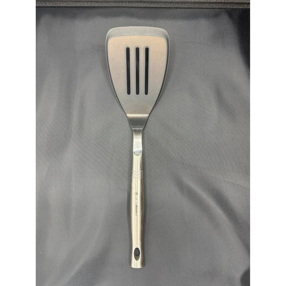 LE CREUSET Slotted Turner Spatula Black Silver Silicone Stainless Steel 13.5in